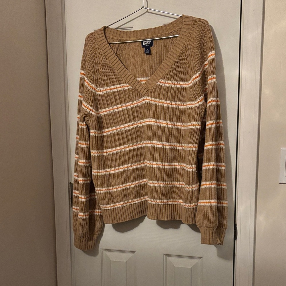 Lands End Drifter Cotton Striped V Neck Sweater Neutral Tan Size M